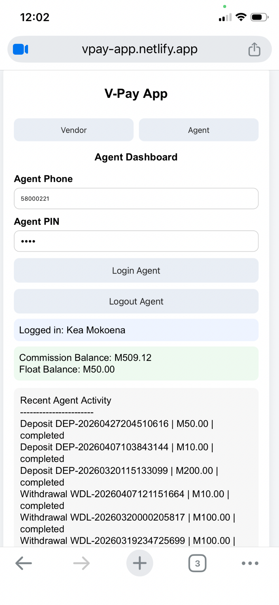 V-Pay agent dashboard screenshot