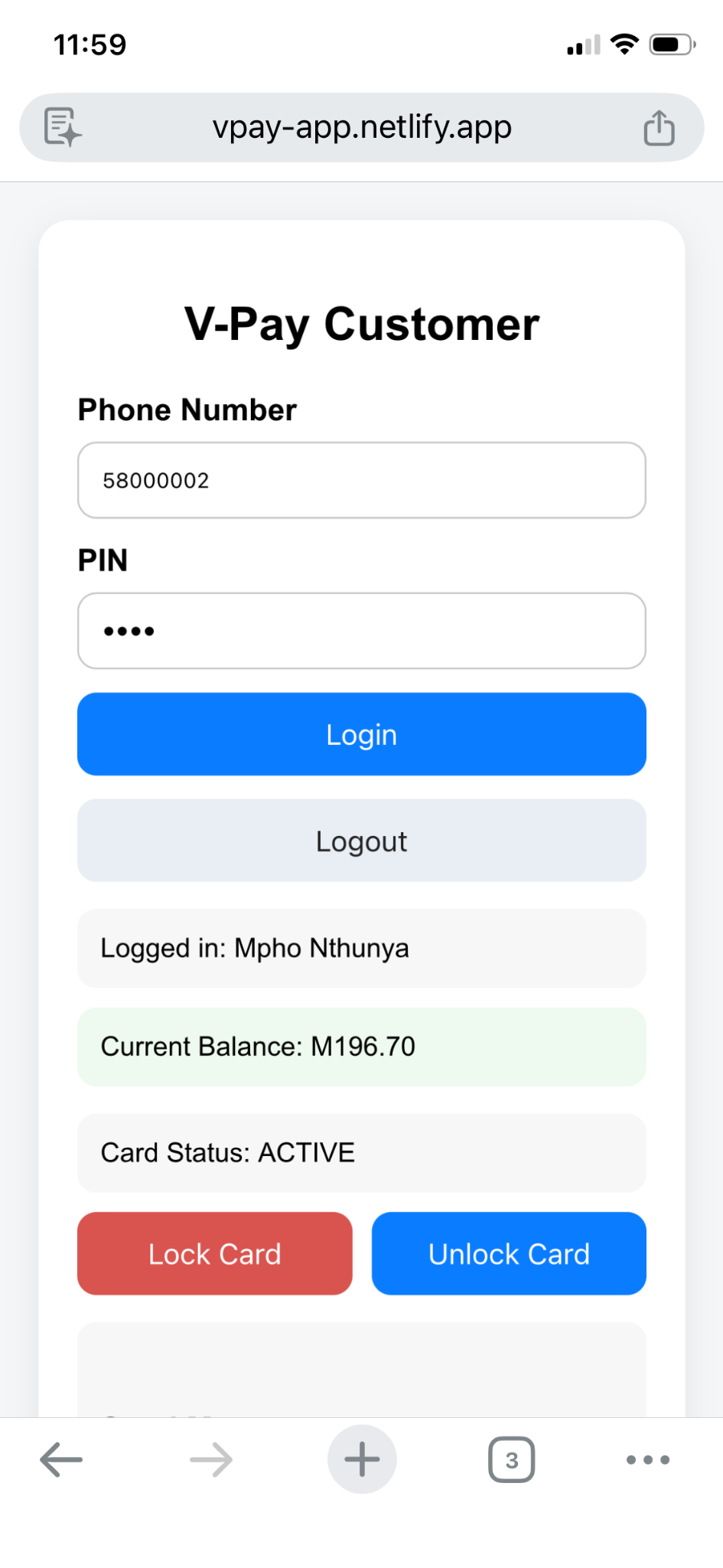 V-Pay customer app screenshot