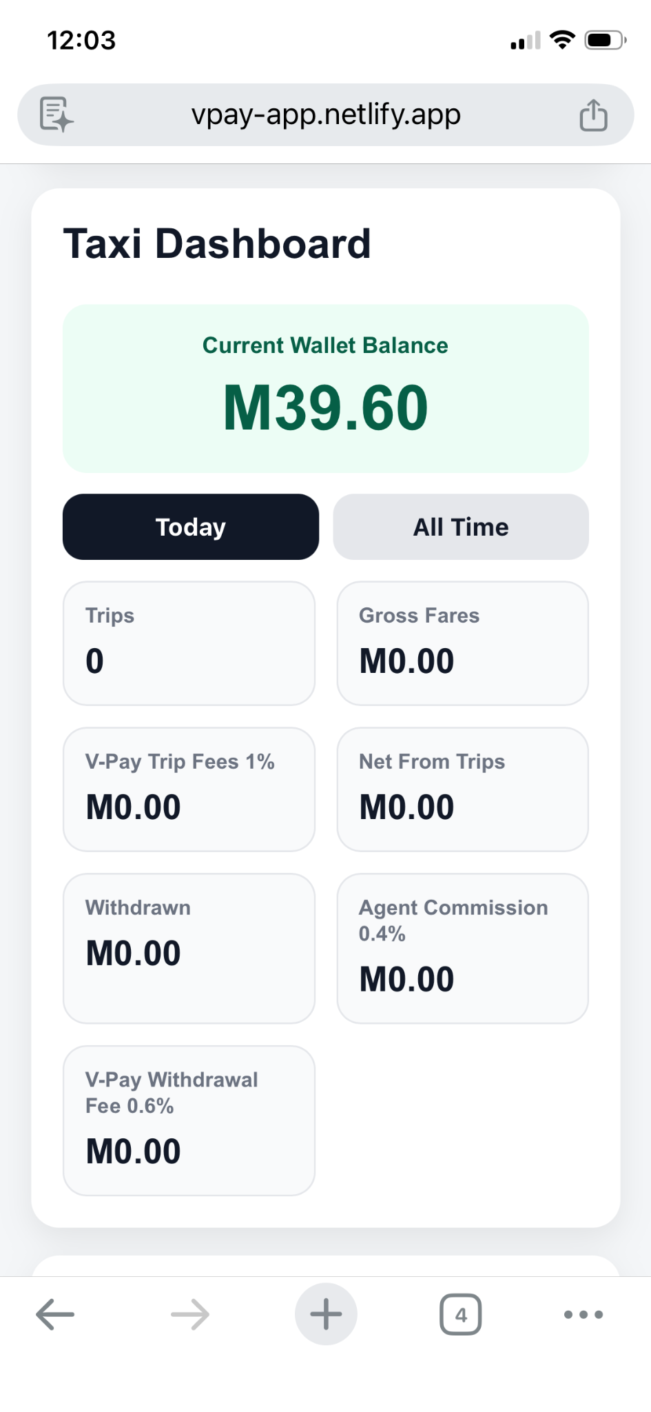 V-Pay taxi dashboard screenshot