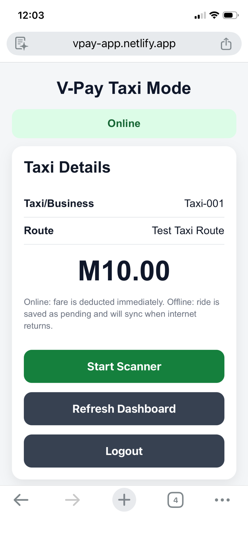 V-Pay taxi mode screenshot