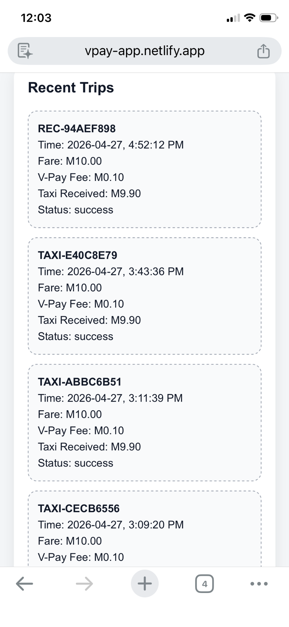 V-Pay taxi recent trips screenshot