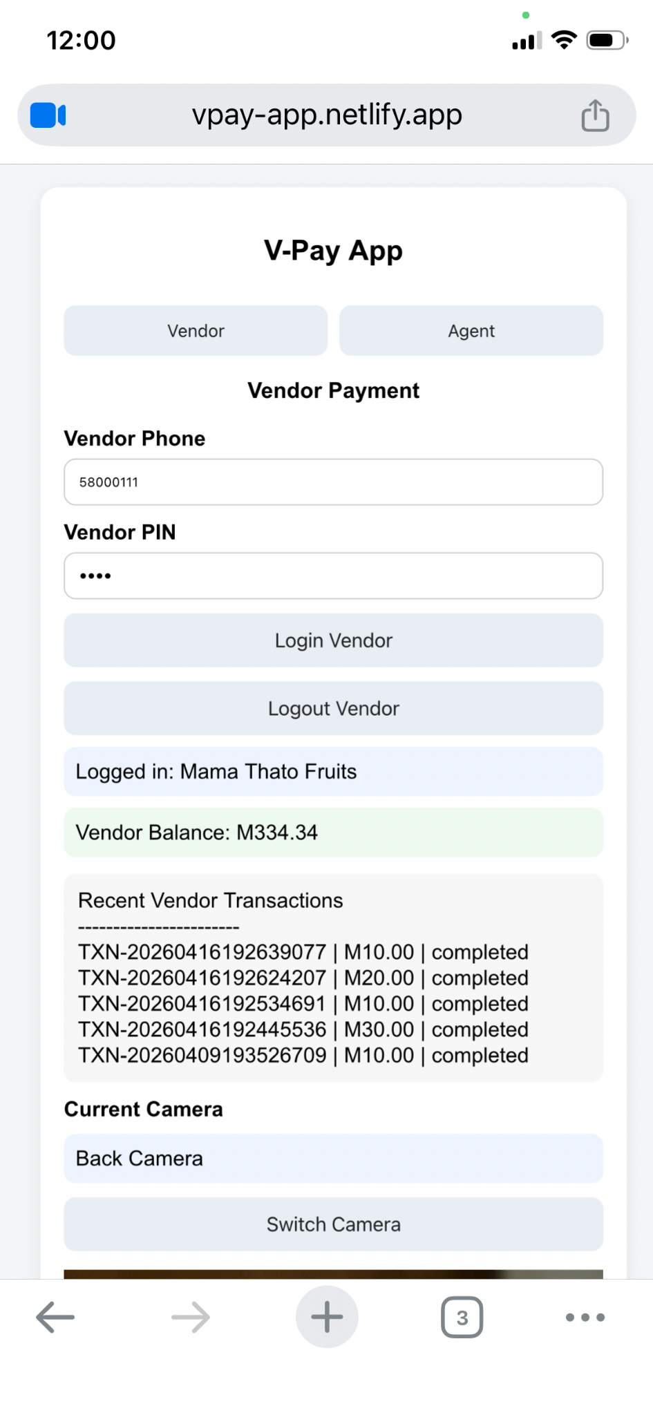 V-Pay vendor app screenshot